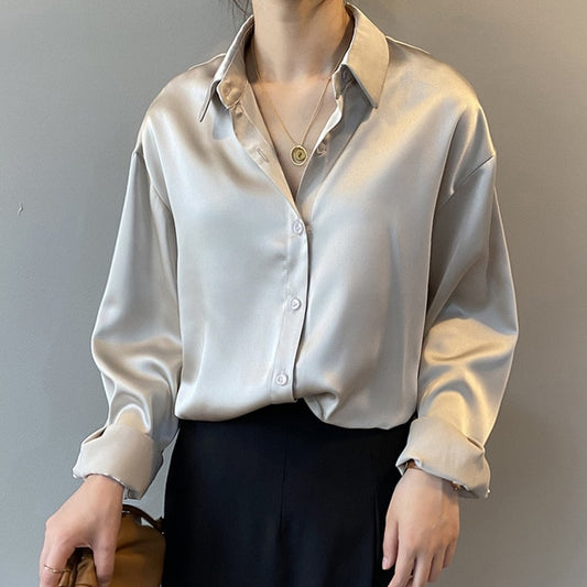 Autumn Fashion Button Up Satin Silk Shirt Vintage Blouse Women White Lady Long Sleeves Female Loose Street Shirts 11355 - FEDUIN shop