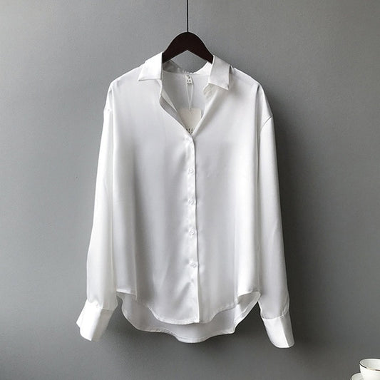 Autumn Fashion Button Up Satin Silk Shirt Vintage Blouse Women White Lady Long Sleeves Female Loose Street Shirts 11355 - FEDUIN shop